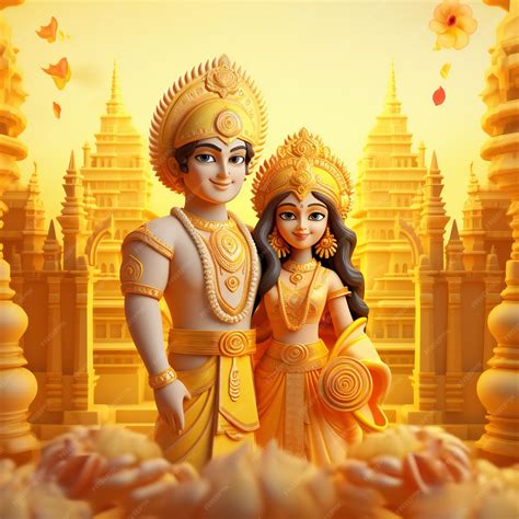 Premium AI Image | 3D Lord Ram and Sita with Temple Backdrop