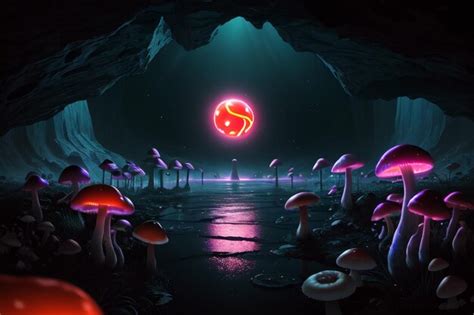 Premium AI Image | A dark cave with a red circle and a mushroom with a ...