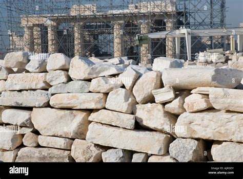 Restoration work on the Propylaia at the Acropolis in Athens Stock ...