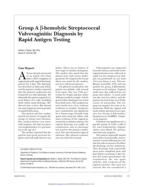 [PDF] Group A beta-hemolytic streptococcal vulvovaginitis: diagnosis by rapid antigen testing