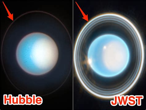 Side-by-side images of Uranus show how NASA's James Webb telescope outclasses Hubble, spotting ...