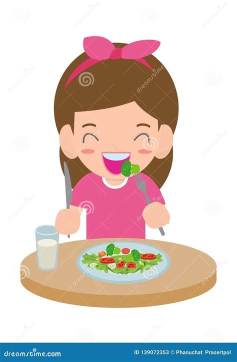 Cute Cartoon Happy Girl Eating Salad. Healthy Vegetable Food and ...