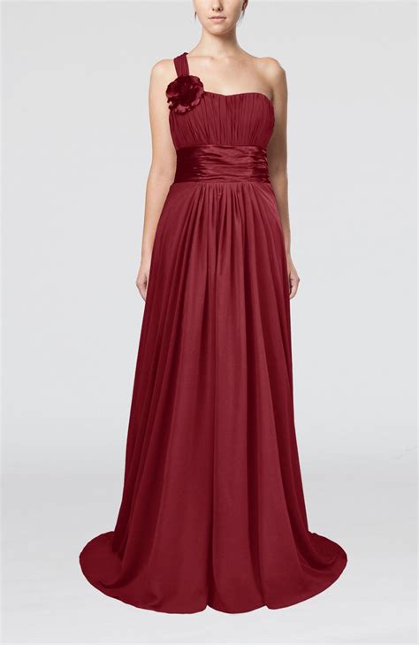 Dark Red Prom Dress - Plain A-line Asymmetric Neckline Chapel Train Sash | BjsBridal