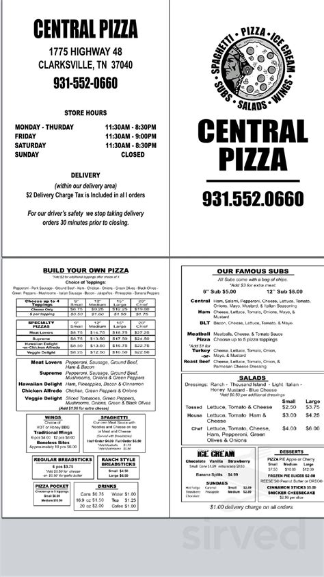 Central Pizza menu in Clarksville, Tennessee, USA