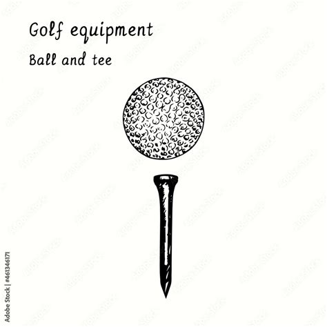 Golf equipment. Ball and tee. Ink black and white doodle drawing in ...