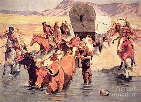 Indians Attacking A Pioneer Wagon Train Painting by Frederic Remington