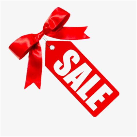 a red sale sign with a bow on it's side and the word sale written in white