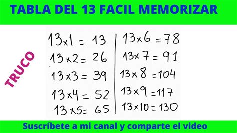 LA TABLA DEL 13 TRUCO PARA MEMORIZAR RÁPIDO Y FÁCIL - YouTube