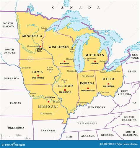 Midwest Region Of The United States, American Midwest, Political Map Cartoon Vector ...