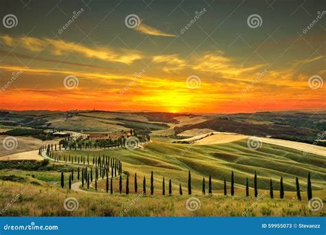 Tuscany, Rural Sunset Landscape. Countryside Farm, White Road an Stock ...