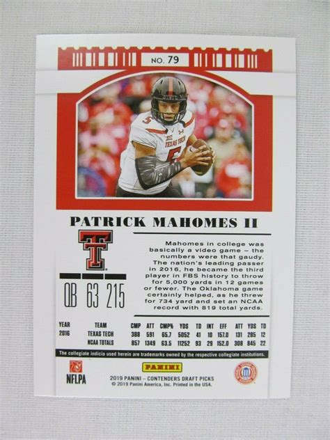 Patrick Mahomes Texas Tech 2019 Panini Contenders Draft Football Card ...