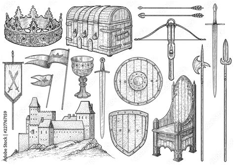 Medieval object, collection, illustration, drawing, engraving, ink, line art, vector Stock ...