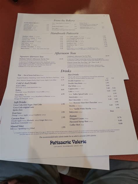 Menu at Patisserie Valerie cafe, Cambridge, 1-2 Bridge St