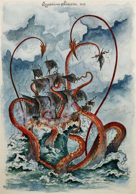 Pirate Ship And Kraken Drawing