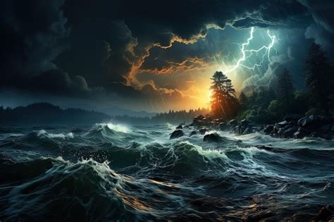 Premium AI Image | Angry sea a powerful storm raging in the coast thunder and lightning in the ...