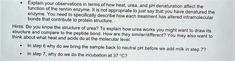 Explain your observations in terms of how heat, urea, and pH ...