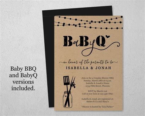 Baby BBQ Invitation Template, Printable Couple Baby Q Barbeque Shower, Rustic Mason Jar Kraft ...