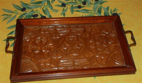 Vintage Chipped Carved Wood Tray with Glass Insert. It measures 15" x 9.5" but that measurement ...