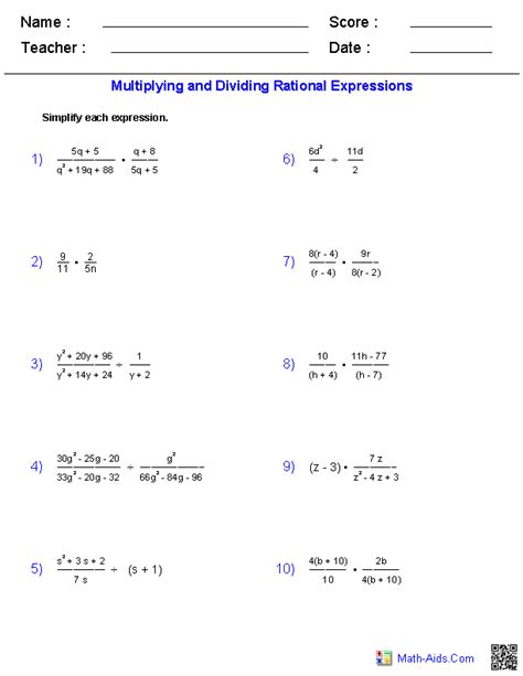 Rational Expression Worksheet #1 Simplifying