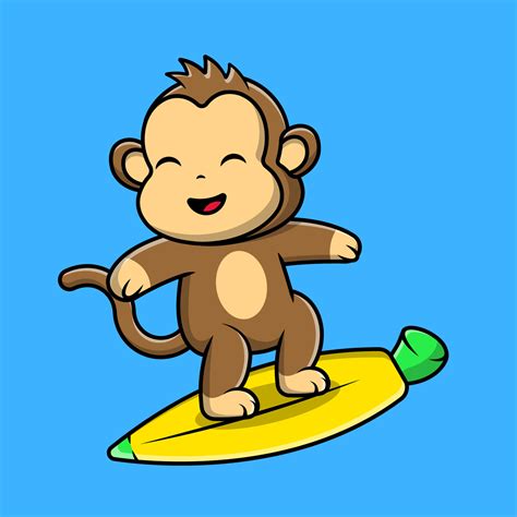 Cute Monkey Surfing With Banana Surfboard Cartoon Vector Icons ...