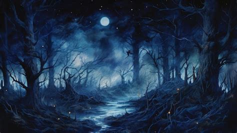 Premium AI Image | a painting of a forest with a full moon in the ...