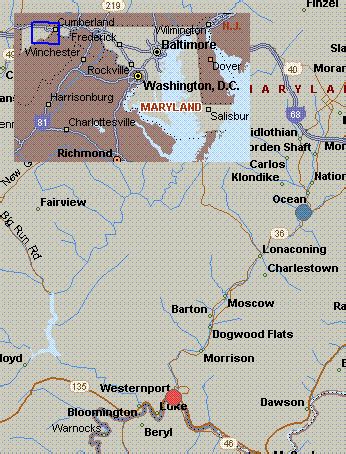 Map for Georges Creek, Maryland, white water, Maryland Route 36 to North Branch Potomac River