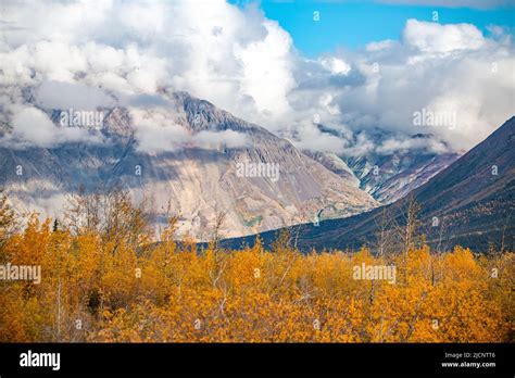 Landscape, road trip scenes in Yukon Territory, during fall, autumn. Canadian travel, tourism ...