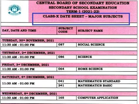 CBSE Class 10 (Term 1) Exam Date Sheet 2022: CBSE 10th Time Table (PDF) Download @cbse.gov.in