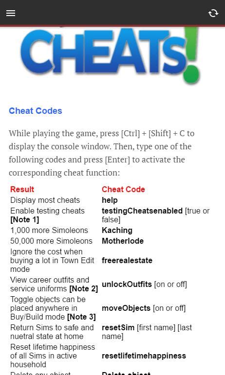 Sims 4 All Cheat Sheet