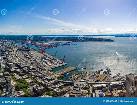 Aerial View of Elliott Bay, Seattle Waterfront and Port or Habor on a ...