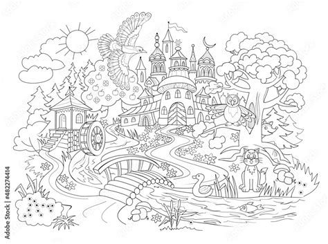 Fantasy illustration of fairyland kingdom. Black and white page for ...