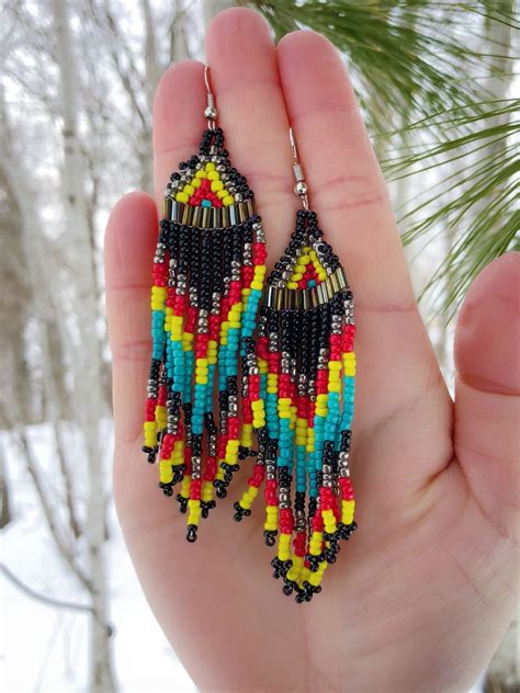 Native American Beaded Earrings - Glass Beads - Handmade - Black - Surgical Steal Hook - Native ...