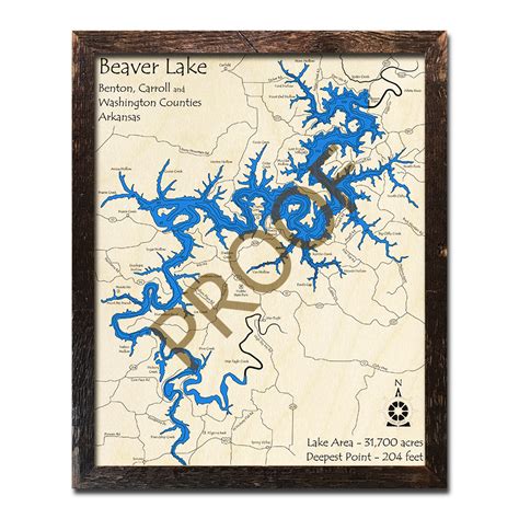 Beaver Lake, AR 3D Wood Map | Laser-etched Nautical Decor