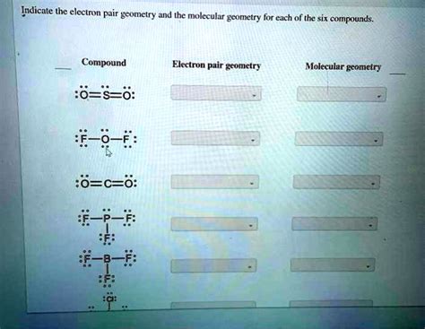 indicate the electrn pair geometry and the molecular gcometry for each ...