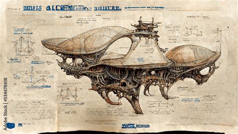 Alien space ship blueprint, sketch, diagram, outline with dimensions ...