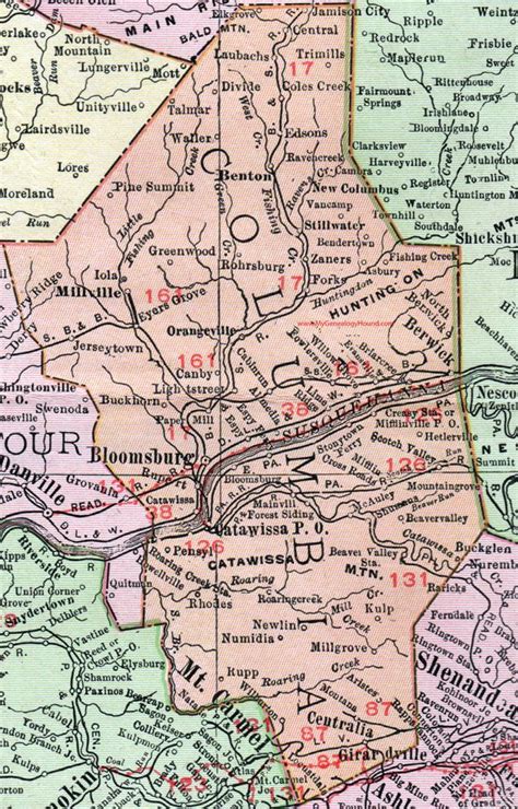 Columbia County, Pennsylvania, 1911, Map, Bloomsburg, Berwick ...