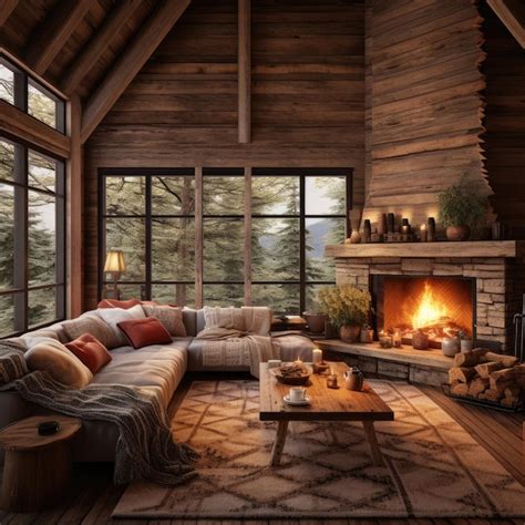 Premium AI Image | Wooden Cabin Living Room with Fireplace