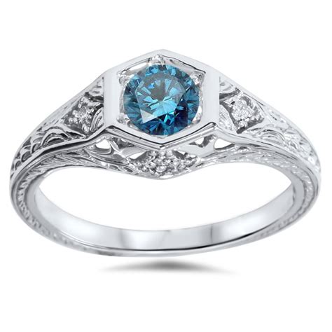 3/8ct Treated Vintage Blue Diamond Engagement Ring 14K White Gold | eBay