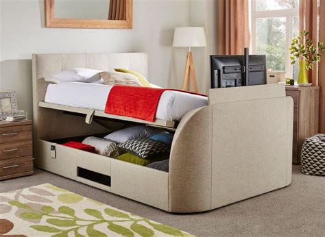 Evolution Oatmeal Fabric Upholstered Lg Led Tv Ottoman Bed Frame 5’0 King BEIGE | Bed Sava