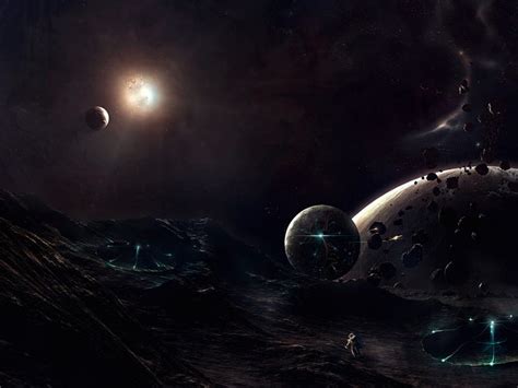 Fantasy space art, stars, moon, sun, planet, astronaut, craters, energy ...