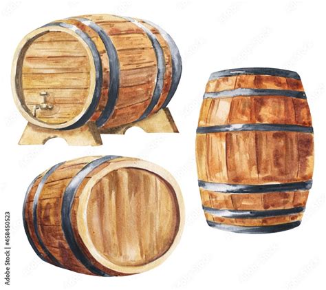 Watercolour wooden barrel set on white background. Watercolor ...