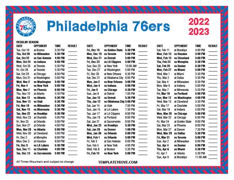 Printable 2022-2023 Philadelphia 76ers Schedule