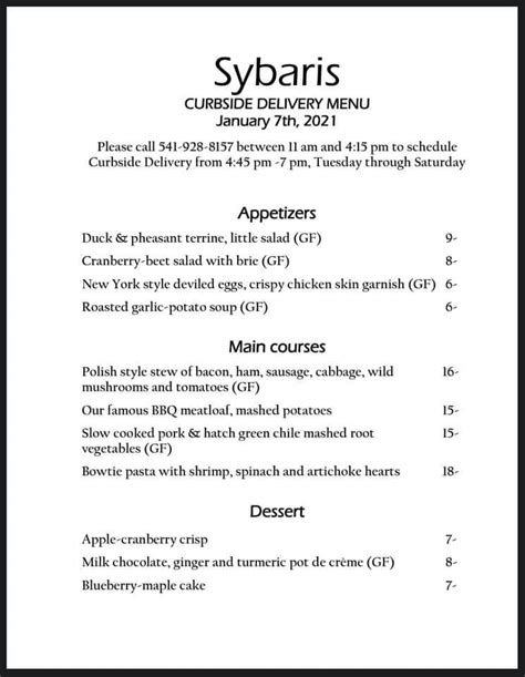 Menu at Sybaris Bistro, Albany