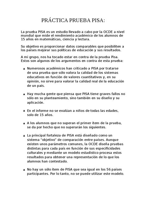 Práctica prueba Pisa - Ejercicios de Ciencias de la Educación - Docsity