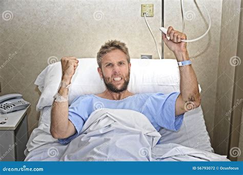 Angry Patient Man At Hospital Room Lying In Bed Pressing Nurse Call Button Feeling Nervous And ...
