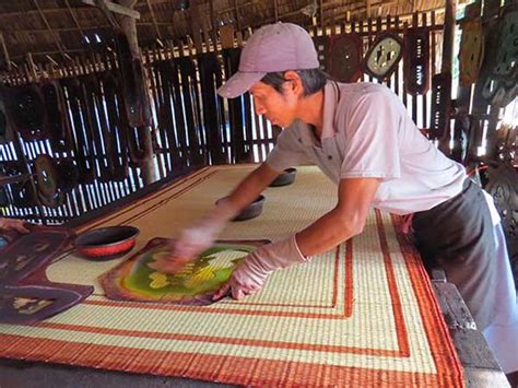 Behind the colorful mat weaving