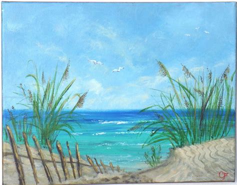 Tropical beach, ocean painting with turquoise water, sand dunes, sea ...