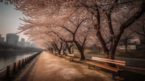 Seoul Cherry Blossom Park Bench Background, Cherry Blossoms In ...