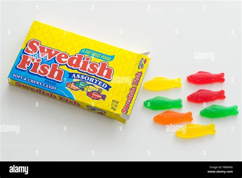 A box of Swedish Fish, a fish-shaped chewy candy originally developed ...