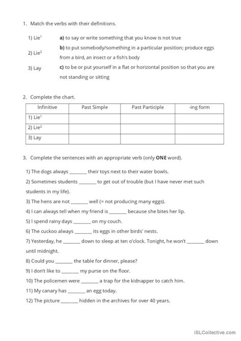 LIE or LAY general grammar practice: English ESL worksheets pdf & doc